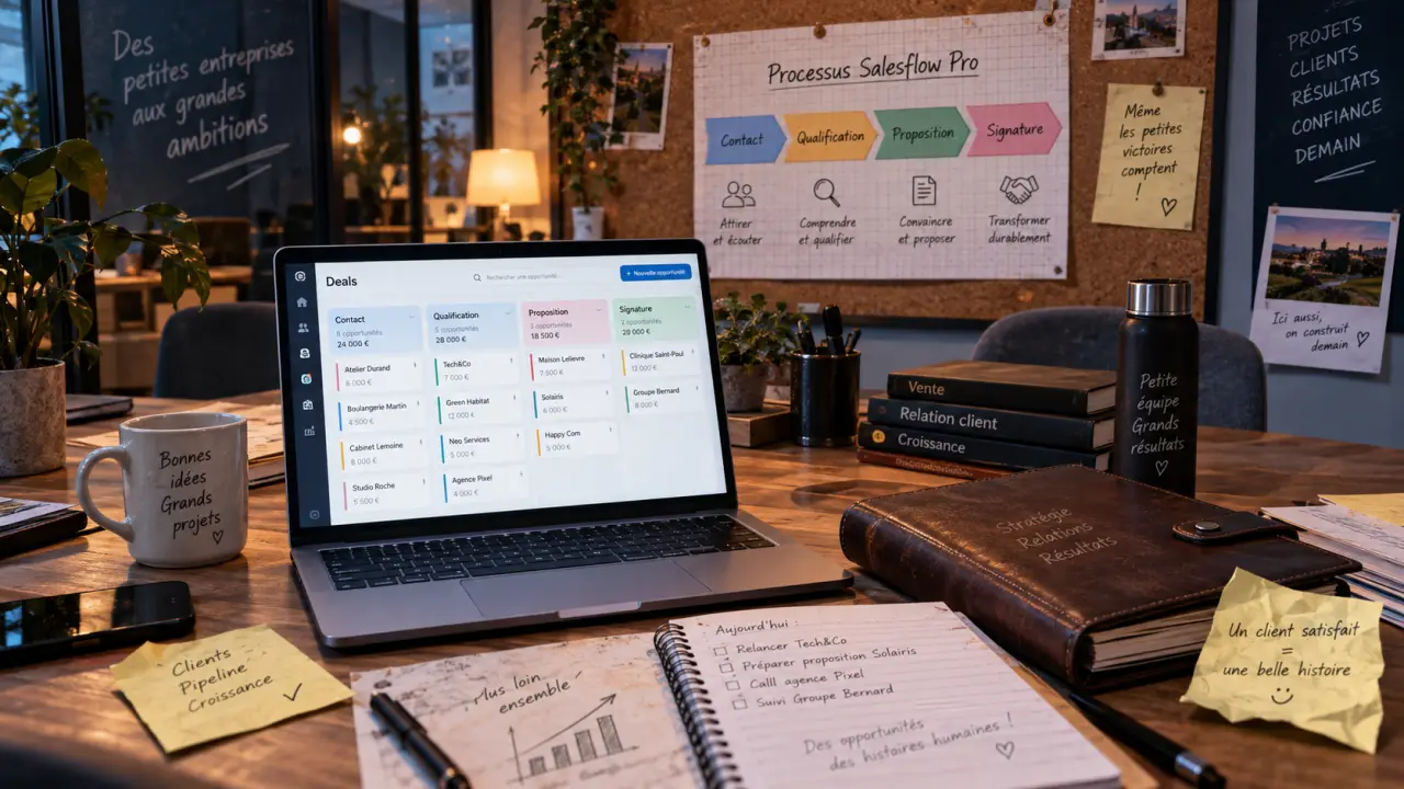 Comment utiliser logiciel crm Salesflow Pro : pipeline CRM, relances et KPI en réunion