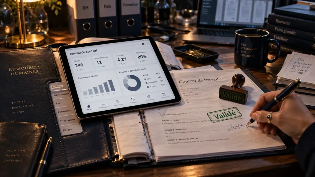 Digital ressources humaines : SIRH sur tablette et dossier RH papier, humain au cœur