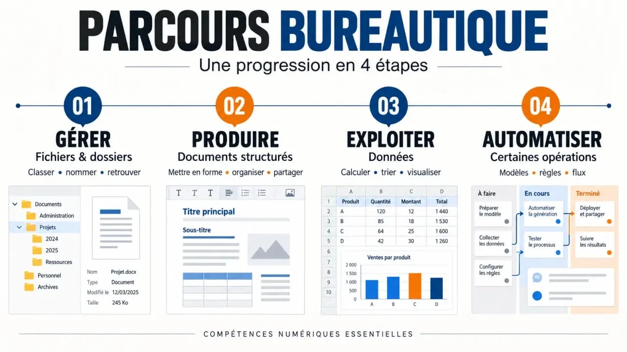 Infographie sur les étapes d’une formation en ligne bureautique