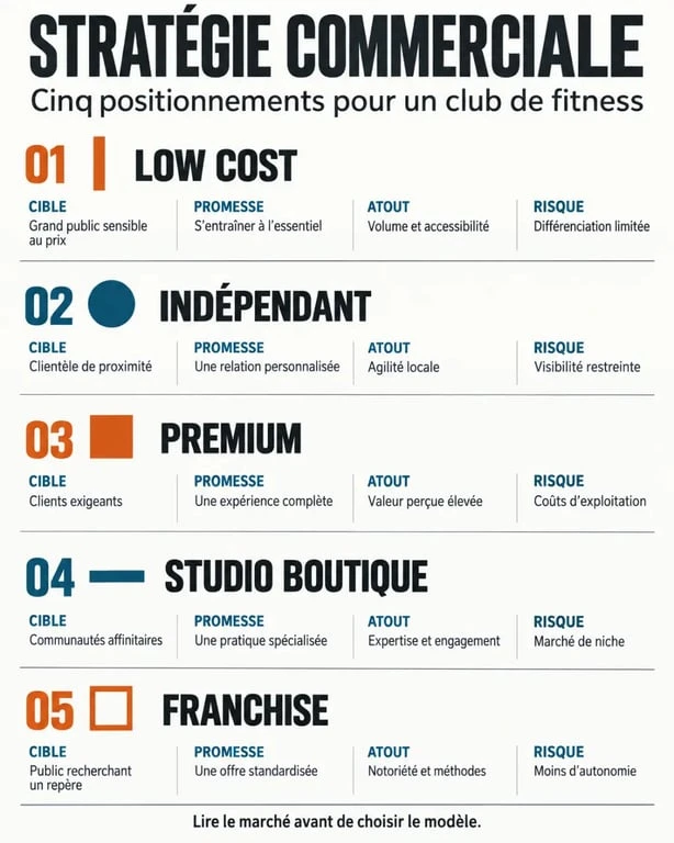 Infographie de stratégie commerciale pour un club de fitness comparant les positionnements low cost, indépendant, premium, studio boutique et franchise