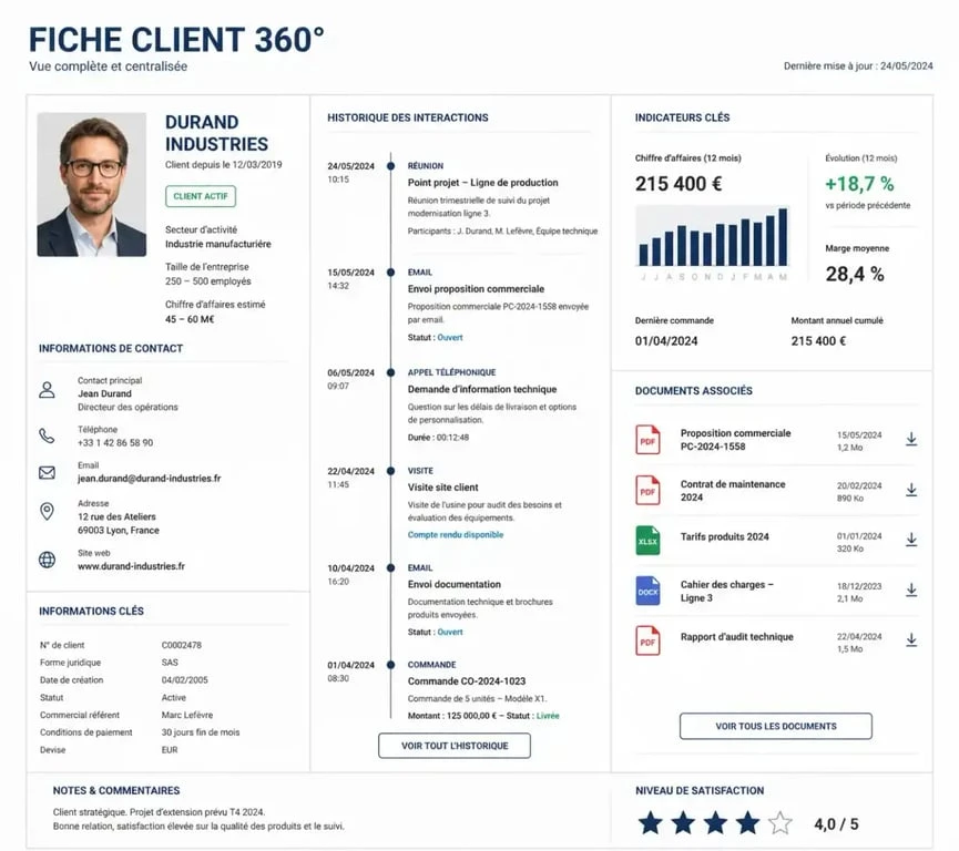 Représentation d'une fiche client 360 degrés dans un logiciel CRM