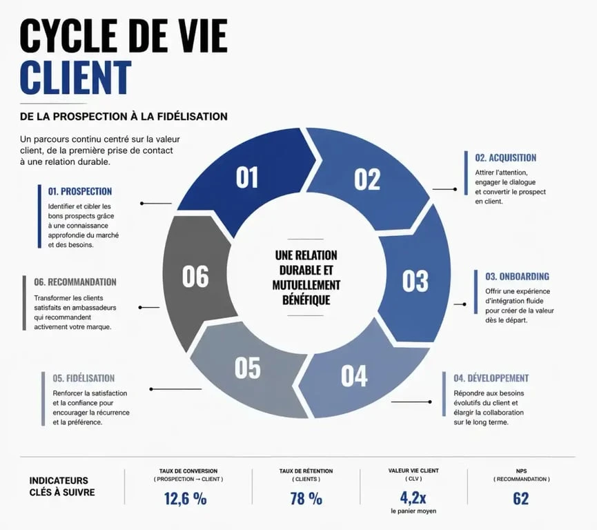 Schéma du cycle de vie client dans un CRM pour la gestion de la relation client