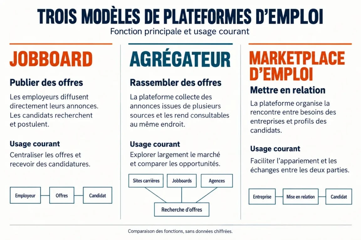 Infographie expliquant les différences entre un jobboard, un agrégateur et une marketplace d'emploi