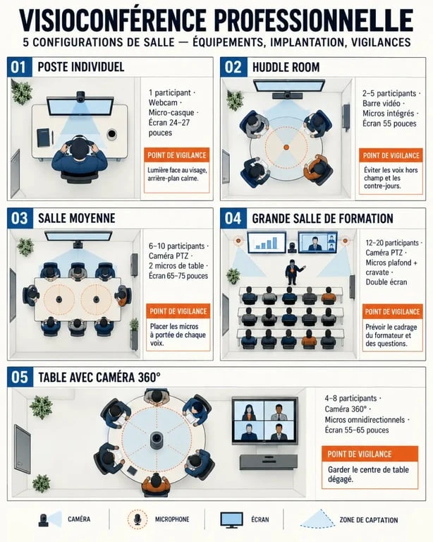 Infographie des configurations d’une solution de visioconférence professionnelle selon la salle
