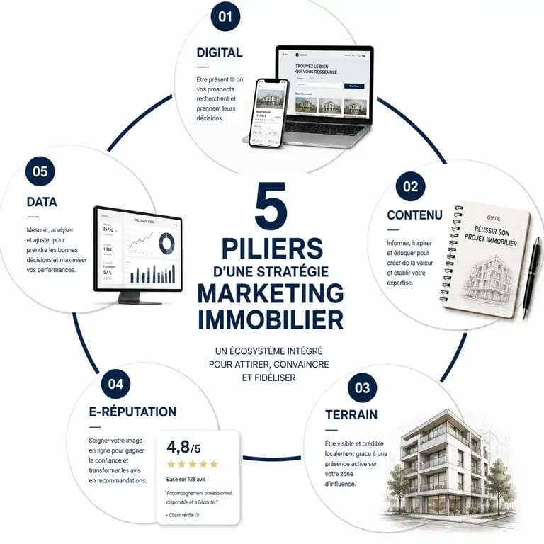 Infographie des 5 piliers d'une stratégie marketing immobilier performante