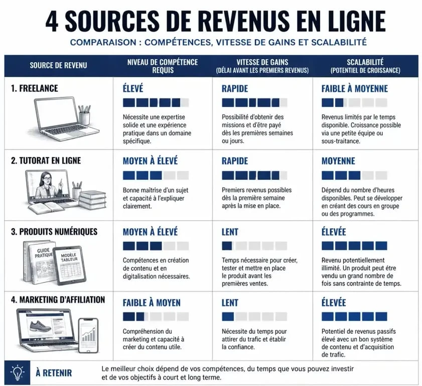 Tableau comparatif des méthodes pour générer un complément de revenu en ligne