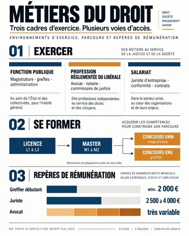 Infographie sur les métiers du droit, leurs statuts, études et voies d’accès
