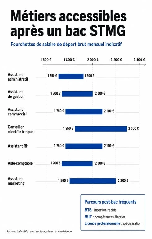 STMG métier salaire : comparaison visuelle des métiers accessibles après bac STMG et de leurs fourchettes de rémunération