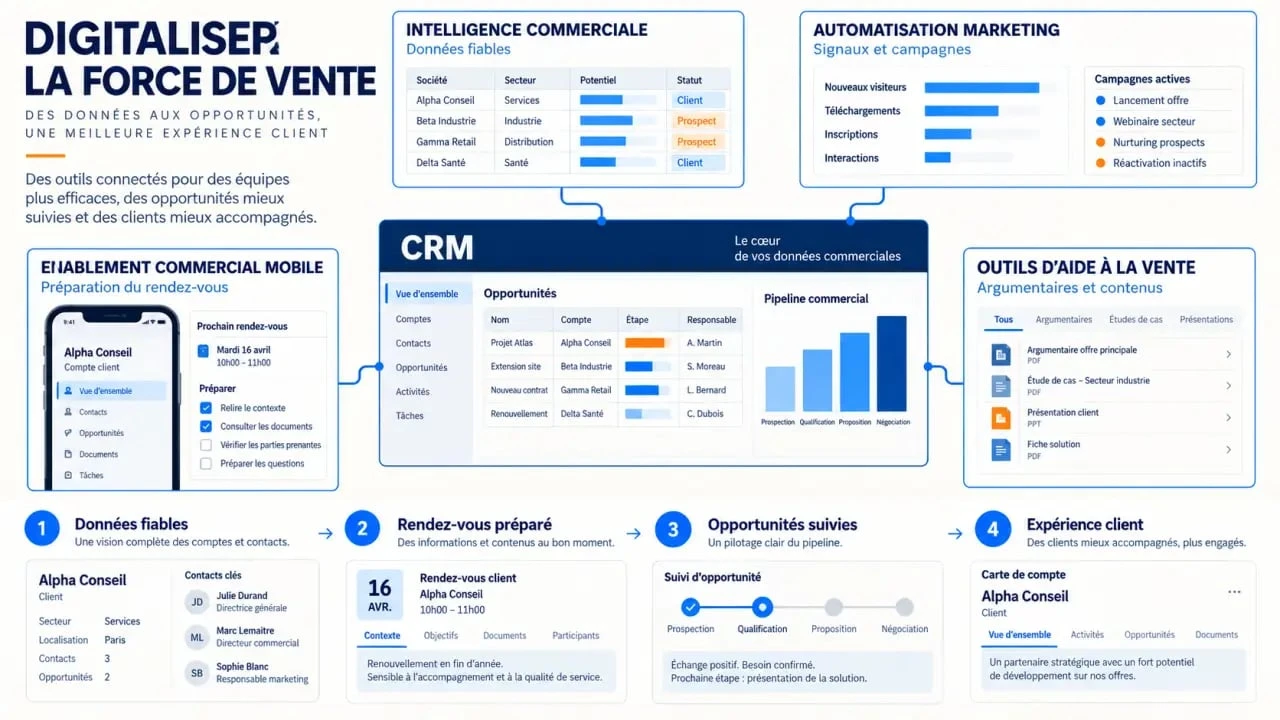 Infographie sur la digitalisation de la force de vente et les principaux outils commerciaux