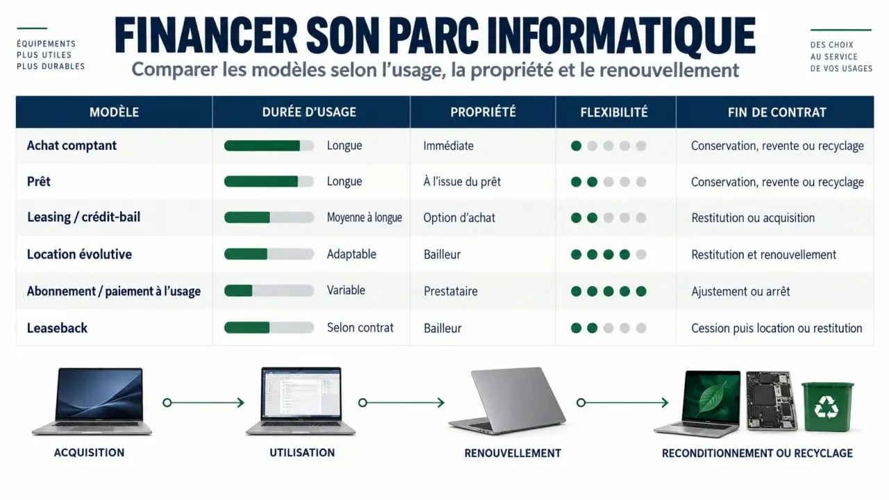 Infographie des solutions de financement IT pour entreprise et du cycle de vie des équipements