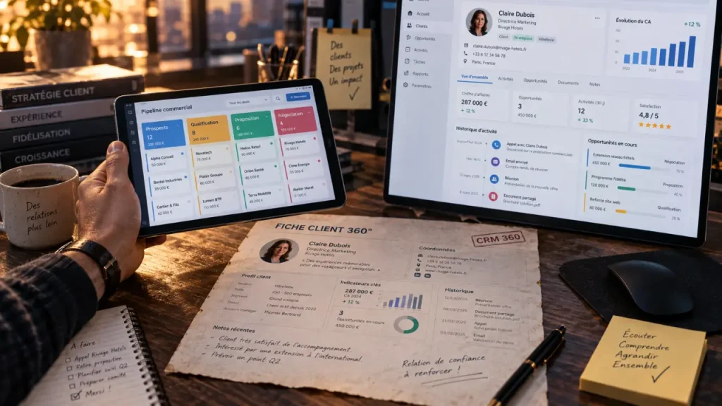 Fonctionnalités CRM : vue client 360° et pipeline Kanban