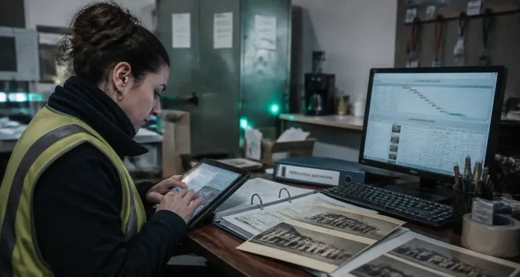 Logiciel services techniques : cheffe de service avec tablette et rapport d’intervention sur le terrain