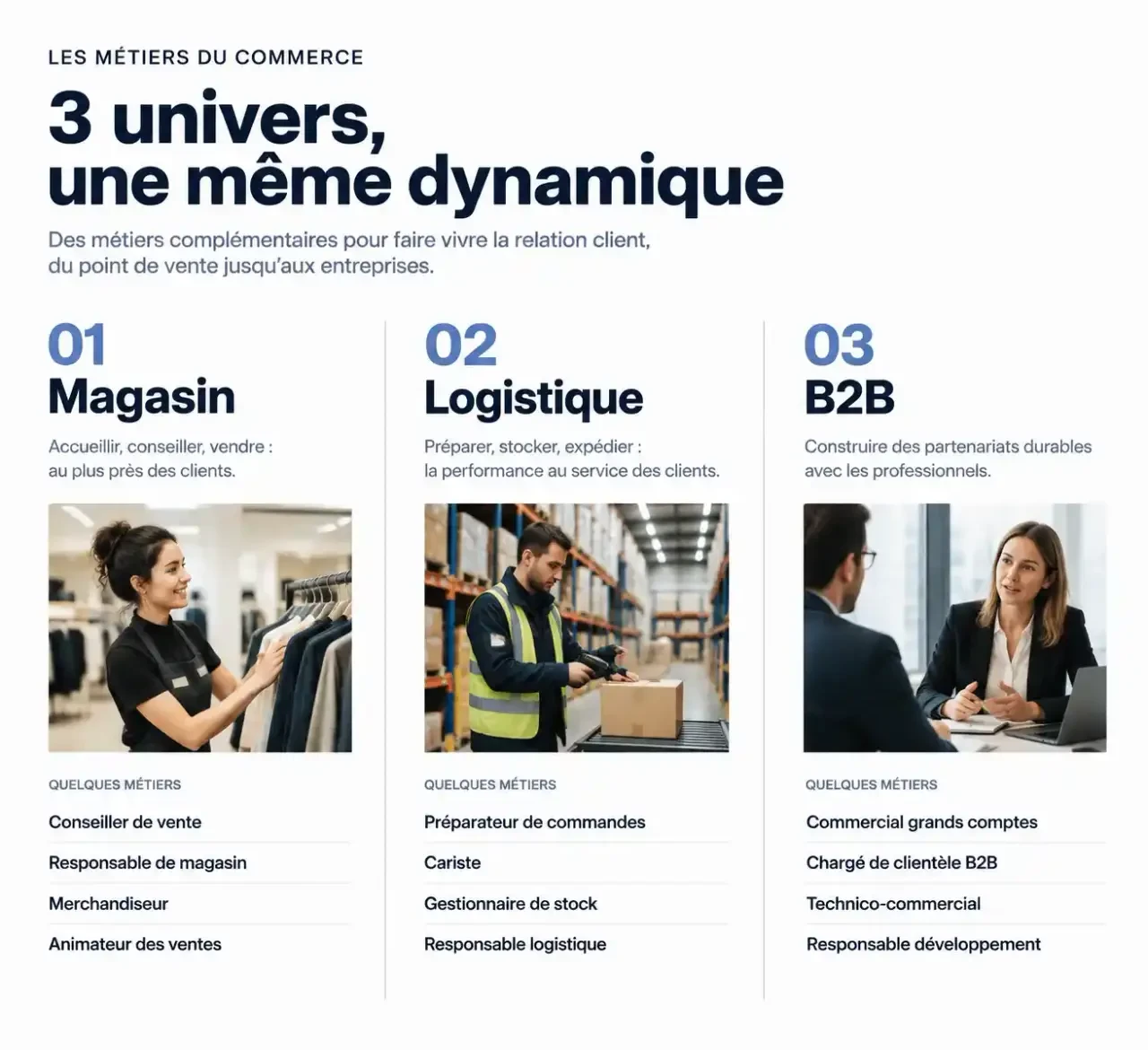 Les trois univers du métier dans le commerce : magasin, logistique et B2B, avec exemples de postes