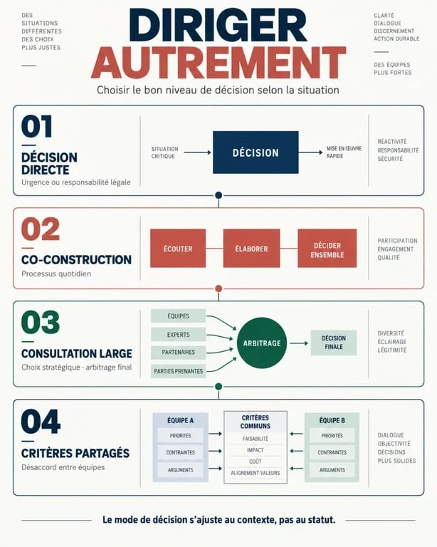 Infographie sur diriger autrement et les différents niveaux de participation aux décisions