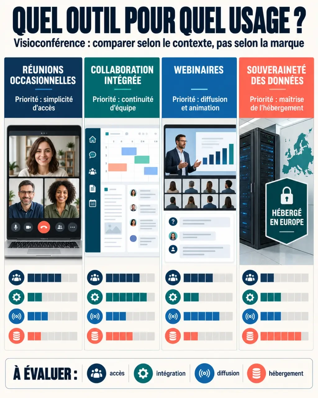 Infographie comparative des outils de visioconférence selon les usages, la collaboration, les webinaires et la souveraineté des données